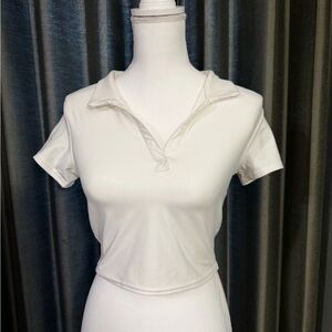 Cropped White Polo Tee - Women's Casual Collar Top
